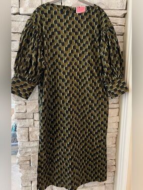 kate spade Olive and Black Geometric Midi Dress with Puff Sleeves